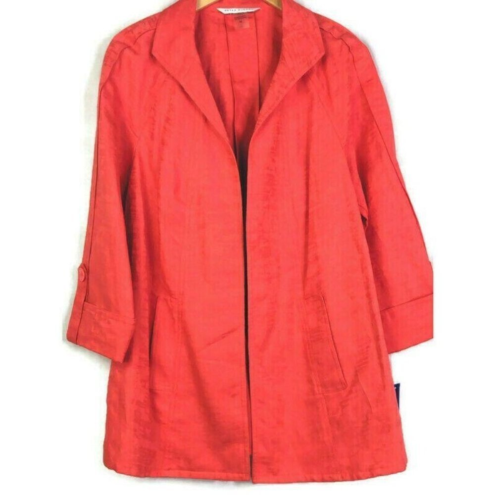 Peter Nygard Jacket Womens Medium Red Orange Linen Blend Open Front‎ New